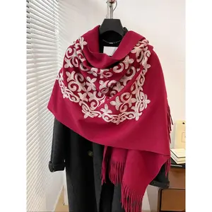 Boho Style Ethnic Pattern Tassel Decor Shawl, Casual Warm Scarf for Fall & Winter, Fashion Accessories for Women, Blanket Scarf
