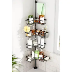 Corner Shower Caddy Tension Pole, 4 Tier Rustproof Shower Tension Rod Organizer with Soap Holder & Hooks, Adjustable 30-121 Inch Bathroom Shelf for Renters - Family Stand Storage Rack, Black,White,Silver