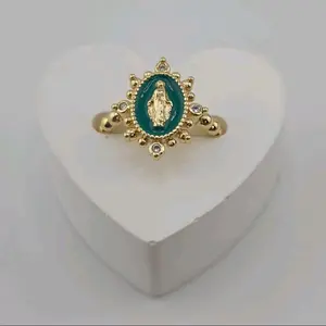 14K Gold Plated Our Lady of Guadalupe Green Enamel Ring