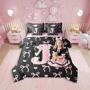 Initial Alphabet Bed Set with Sheets,Girls Black Pink Bow 7 Piece Bedding Set,Geometric Cute Love Heart Letter Ombre Sweet Princess All Season Bed Bag