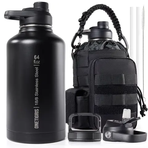 OneTigris 64oz Stainless Steel Double Wall Thermal Vacuum Insulated Water Bottle - Leakproof, Portable Durable Outdoor Drinkware with Handle, Crossbody Pouch, Grab & Go, Mens Gifts for Fathers Day