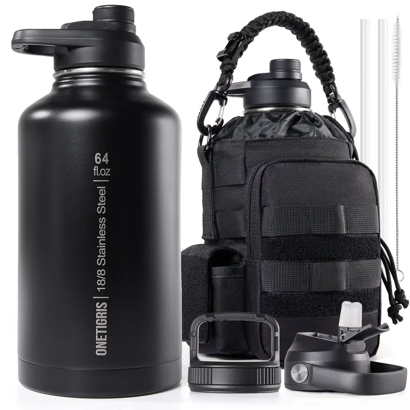 OneTigris 64oz Stainless Steel Double Wall Thermal Vacuum Insulated Water Bottle - Leakproof, Portable Durable Outdoor Drinkware with Handle, Crossbody Pouch, Grab & Go, Mens Gifts for Fathers Day