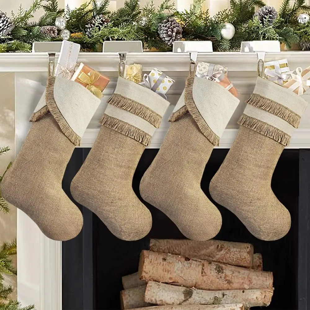 Ivenf Fringed Christmas Stockings, 4 Pack 18 Inches Large Original Burlap Stockings with Tassel, for Family Holiday Home Decor Xmas Party Decorations Ivenf