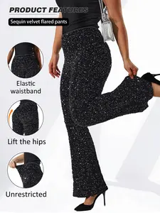 Plus Size Sequin Flare Pants for Women, Elastic Waist Leggings, Bottom, Fashionable Design, Comfortable Casual Wear, All Seasons, Lady Trouser, Fitted