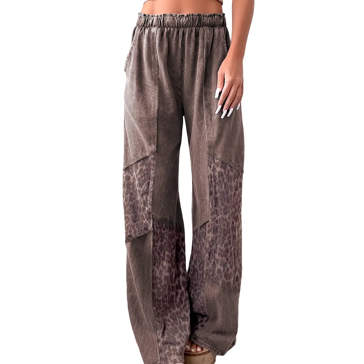 Znacicc Casual Chic Patchwork Pants Women's High-Waist Leopard Print Lounge Trousers with Mineral Wash Effect Loose Fit for Daily Wear