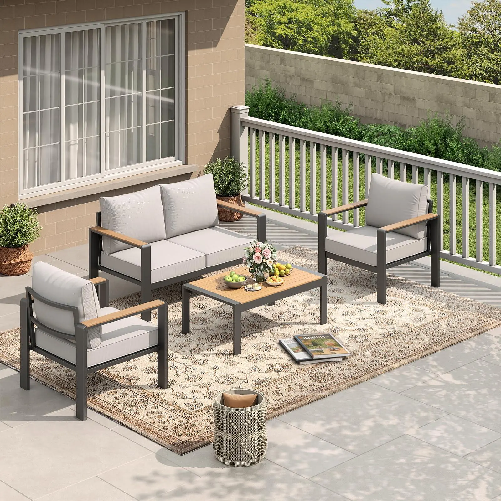 GARVEE 4-Seat Aluminum Frame Outdoor Furniture Set - Generous Patio Sectional with Washable Cushions, Coffee Table for Porch, Deck