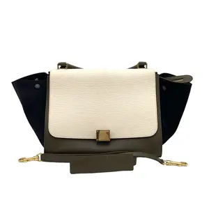 Pre-owned Celine Leather, Canvas Plain Tote Trapeze White Medium W/Strap #4288
