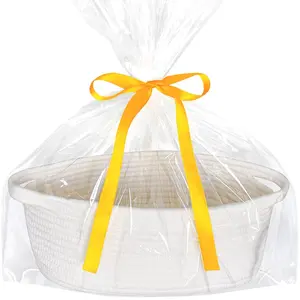 Small Basket with Gift Bags and Ribbons, Empty Gift Baskets, Decorative Boho Rope Woven Nursery Storage Organizer Toy Baskets with Handle for Baby Showers, 12"X 8" X 5", White