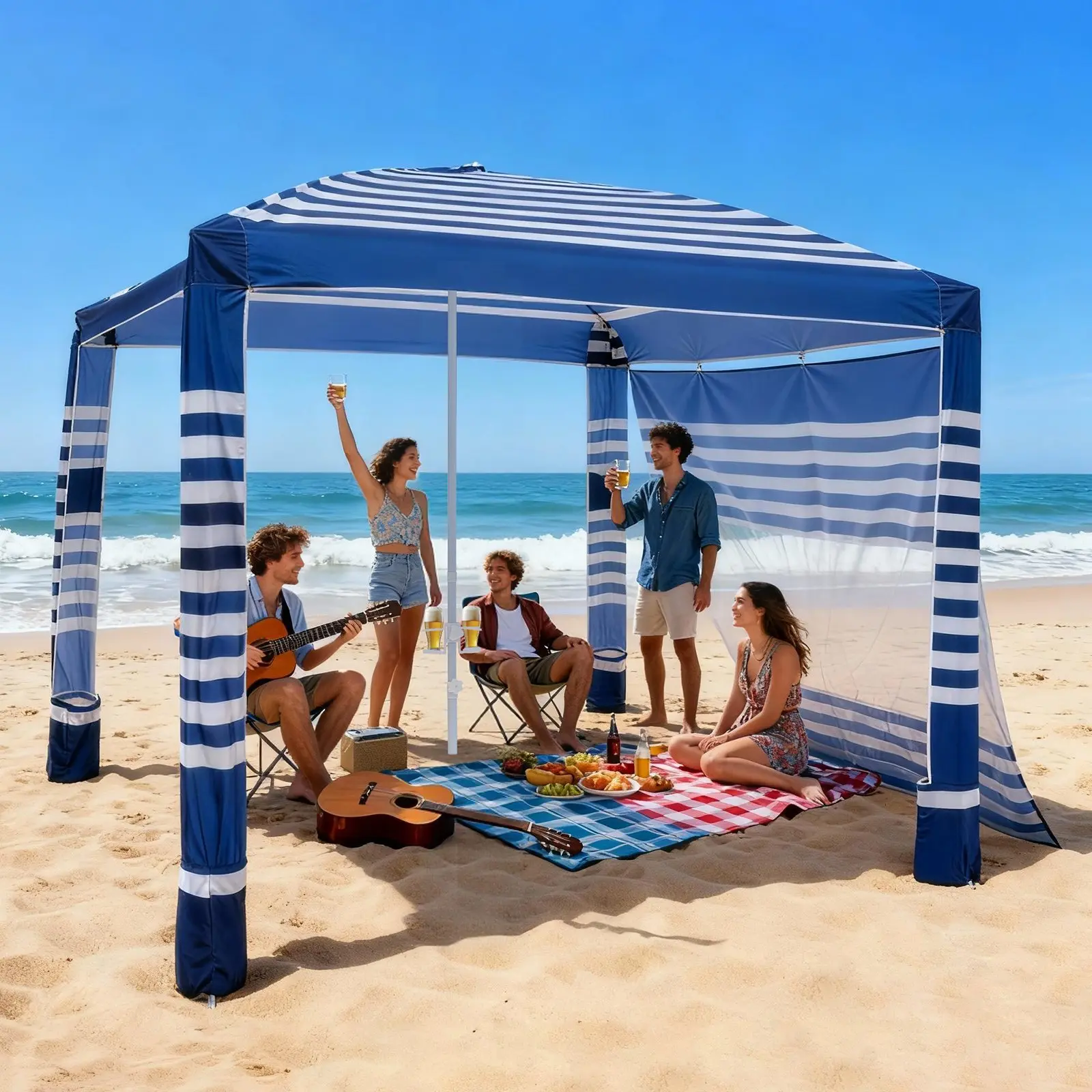 VEVOR 8x8 ft Sun Protection Cabana Tent, Portable Beach Shelter with Side Walls, UPF 50+ Easy-Install Sand Pockets, Adjustable Height Umbrella for Family, Navy Stripes