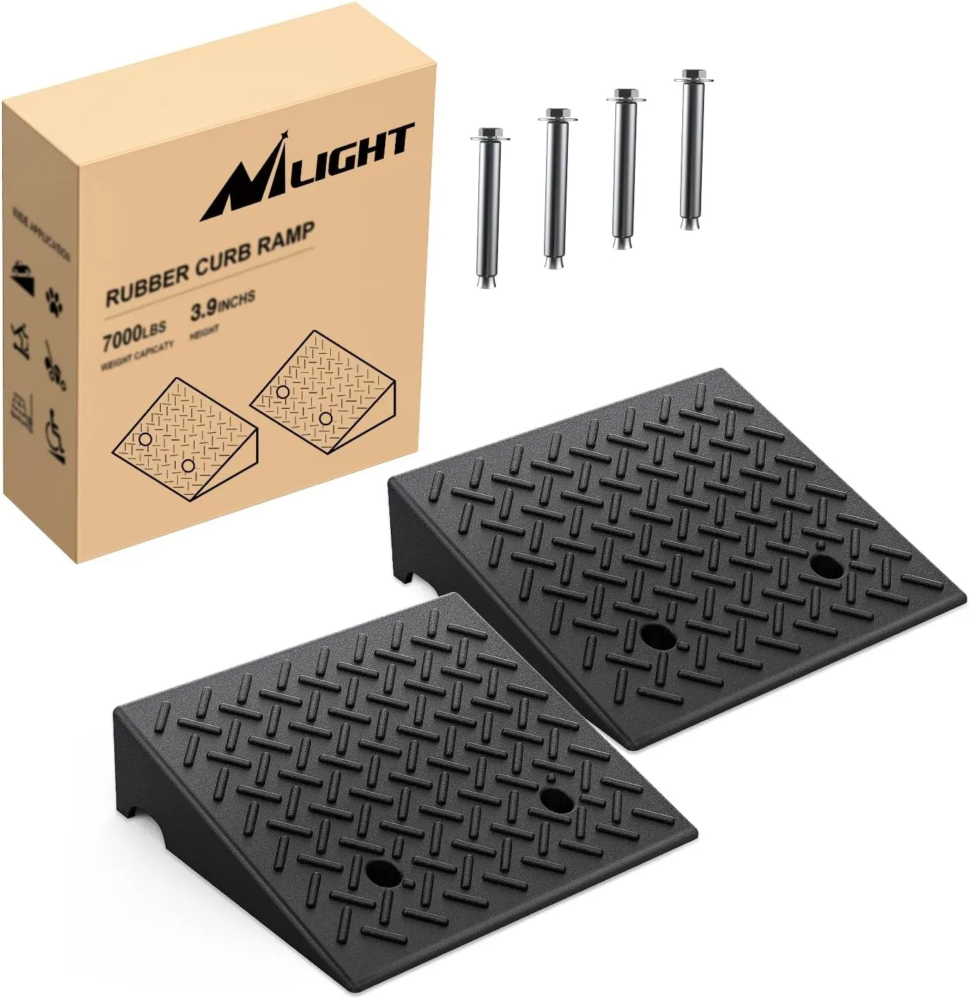 Nilight 2-Piece Industrial Rubber Heavy-Duty Anti-Slip Curb Ramps, 3.9in Rise Height Threshold Solution, 7000lbs Load Support, Portable Driveway Access with Water-Shedding Base & 1-Piece Stability, Compatible with Truck Lift Gate, Cars, Wheelchairs, Lawn