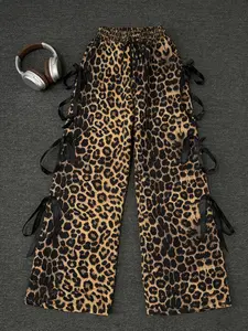 Sweet Cool Leopard Print Wide Leg Pants, High Waist Elastic Waistband, Comfortable Fit, Casual Lounge Pant, Side Layered Bow Decor, Vintage Hong Kong Style, Casual Fashion Pants, Casual Bottom, Casual Chic Trousers