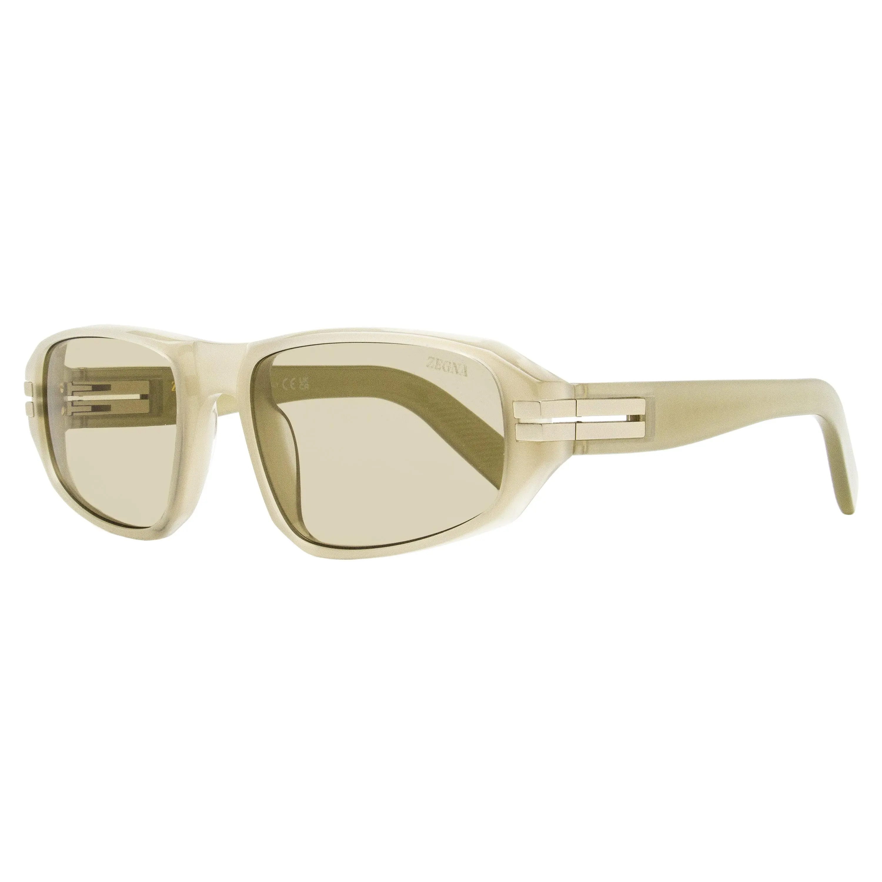 Zegna EZ0262 Luxury Sport Rectangular Sunglasses - Men's Aesthetic Acetate Frame, 58mm Transparent Beige Tapered Lenses, Matching Linen Lanyard, BPA-Free, Leather Closure, Road Motif, Luxury and Innovation Fashion Eyewear for Modern Tastes