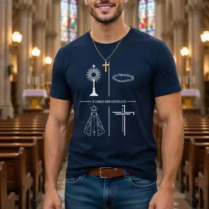 [100% Cotton] É Lindo Ser Católico T-Shirt, Catholic Faith Minimalist Graphic Tee Shirt, Christian Religious Line Art Cross Eucharist Crown Of Thorns Short Sleeve Shirt, Church Outfit Gift For Catholic Women Men.