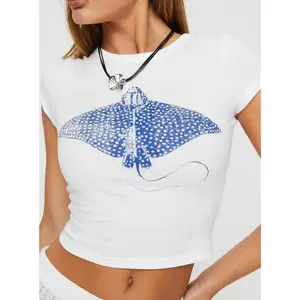 Sting ray tee white Baby Tee, Slasher Movie tee, Gift For her, Y2K Baby Tee for Women, Funny Short Sleeve Crew Neck Top, Perfect for Summer