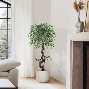 OUTGOODS Artificial Bonsai Tree - Realistic White Edge Banyan Tree, Decorative Faux Bonsai, Miniature Feng Shui Plant, Office Desk Plastic Bonsai Replica