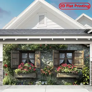 2D flat 1 large polyester garage door banner - stone wall and colorful floral theme design party banner, suitable for multi-functional decoration of festivals, courtyards, studios, homes and garden celebrations, outdoor party background arrangement