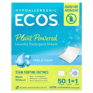 Earth Friendly Products Ecos®, Plant Powered Laundry Detergent Sheets, Free & Clear, 50 Sheets