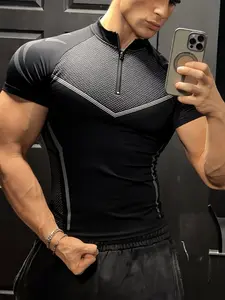 Men's Sporty Geometric Pattern T-Shirt, Slim-Fitting Long Sleeve, High Elasticity Quick-Dry Breathable Fabric, Ideal for Training, Gym Tees