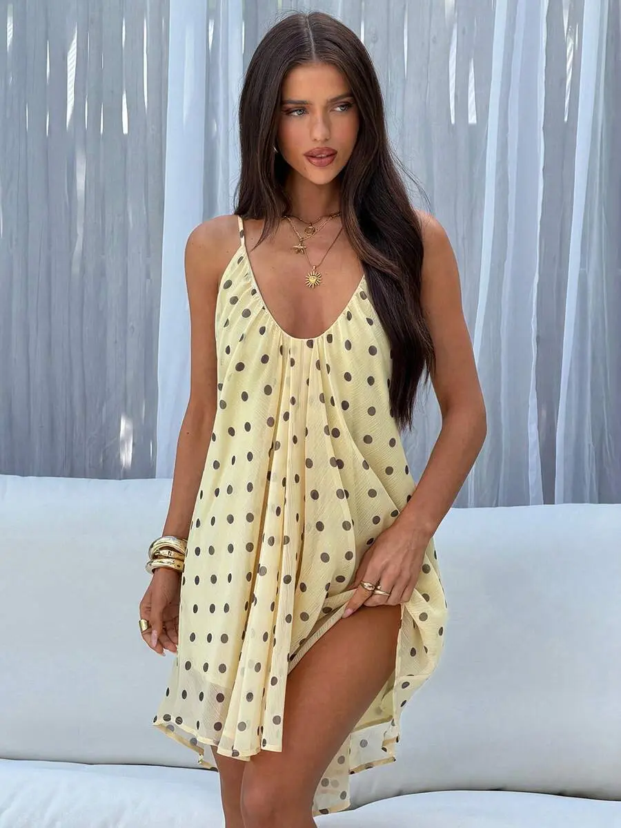 BELLORA  Women's Deep V-Neck Spaghetti Strap A-Line Flowy Ruffle Dress, Polka Dot Print Summer Dress, Light Yellow Dress, Women's Flowy Mini Dress, Beach Dress,Dresses For Women Summer