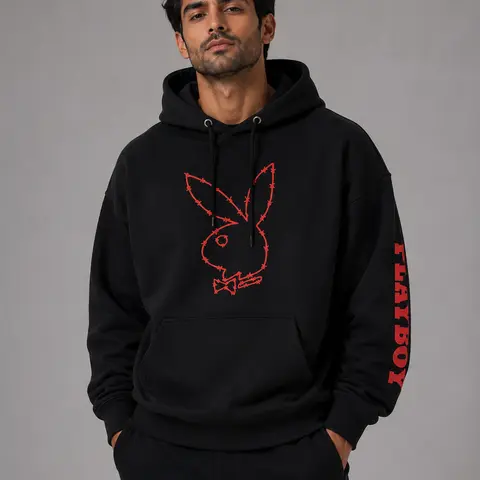 PLAYBOY Men's Oversized Bunny Face Graphic Hoodie - Baggy Loose Long Cotton Hooded Top, Casual Ribbed Menswear Sweatshirt