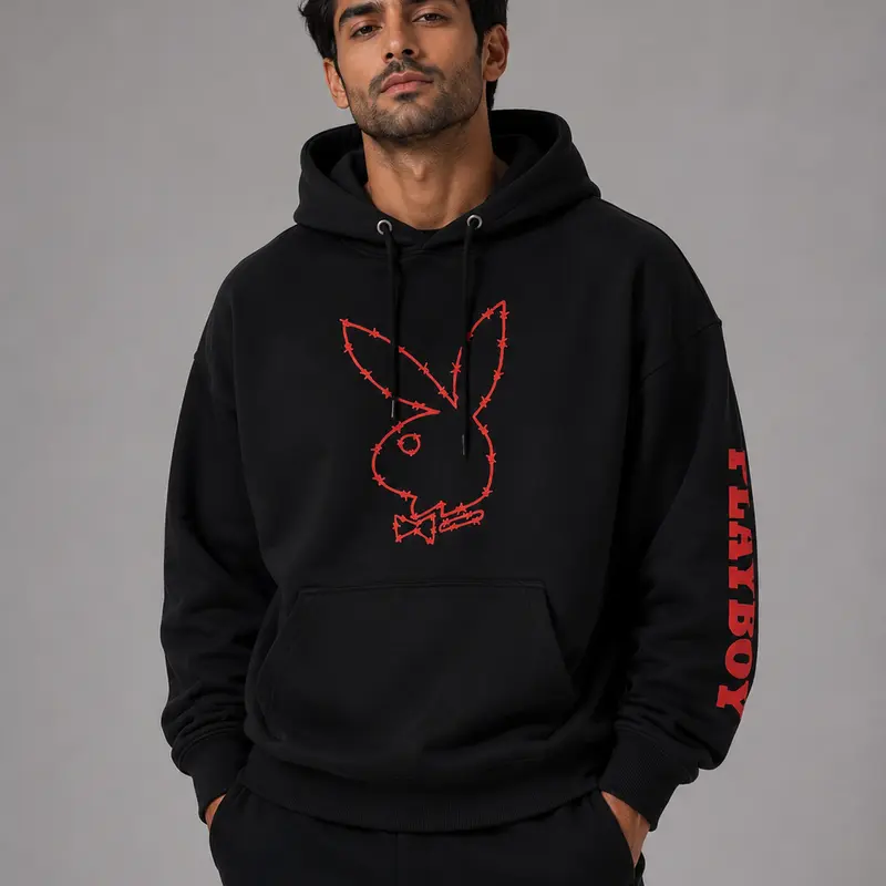 PLAYBOY Men's Oversized Bunny Face Graphic Hoodie - Baggy Loose Long Cotton Hooded Top, Casual Ribbed Menswear Sweatshirt