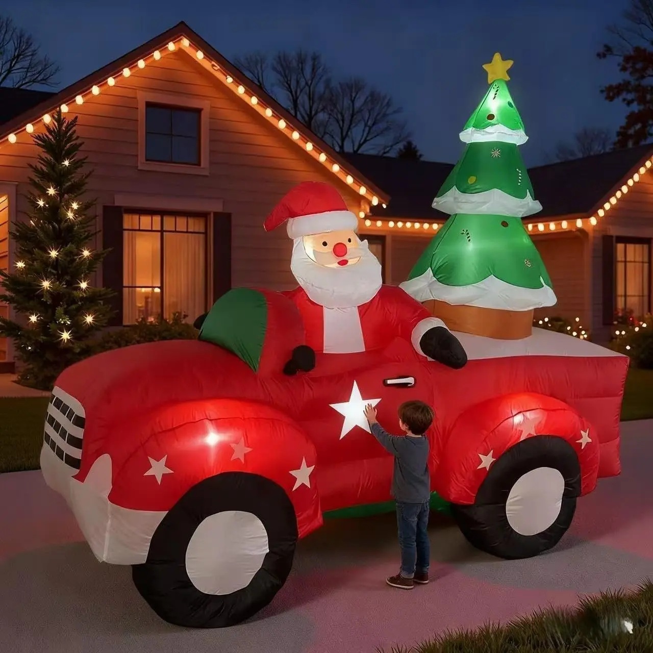 8 FT Christmas Inflatables Santa Claus in Sleigh with Two Reindeer Outdoor Blow Up Yard Decorations with Built-in LEDs
