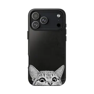 You asleep yet? iPhone Case – Peeking Cat Meme Black Minimalist Glossy Tough Phone Case Cute Funny Cat Lover Gift for iPhone 7–17 Pro Max