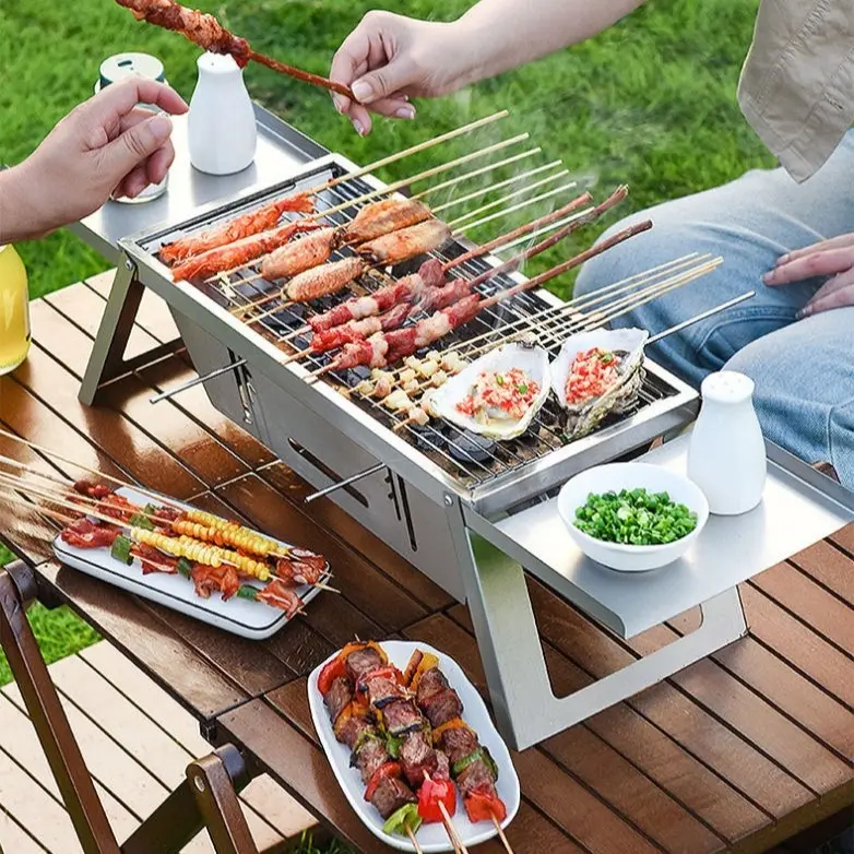 Portable Stainless Steel Rectangle 1-Layer Smokeless Charcoal Barbecue Stove - Compact, Foldable, Versatile and Practical Home & Outdoor Supply for Household Picnics, Camping