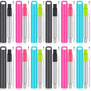 12 Pack Metal  Straw Drinking Collapsible Foldable Stainless Steel Straw with Plastic Case  Tip and Cleaning Brush Long Telescopic Portable Travel Work