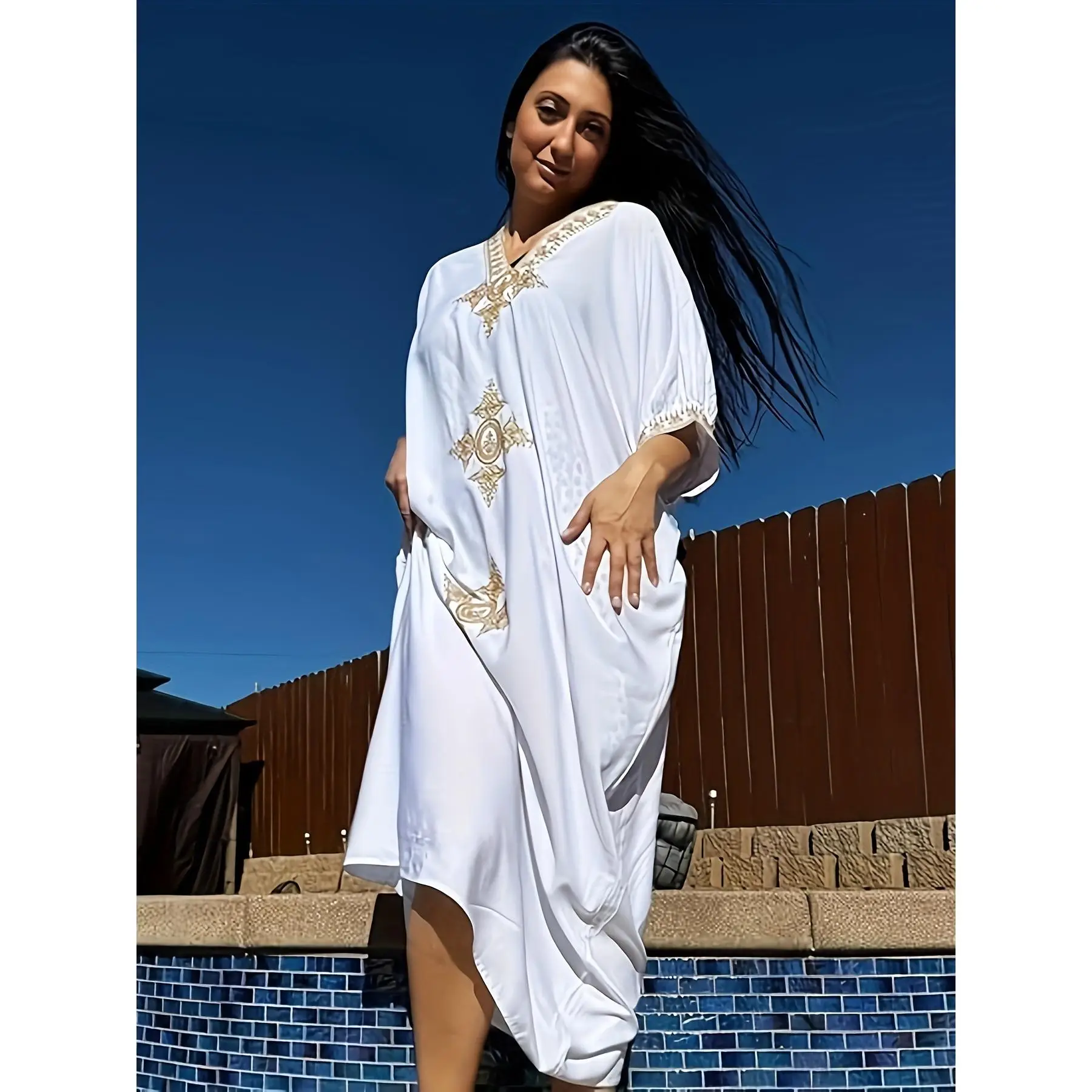 Gold Embroidery Long Kaftan Dresses V Neck Caftan Dress Beach Cover Ups For Women Embroidery - Elegant & Flowy Design - Soft & Breathable Fabric - Per