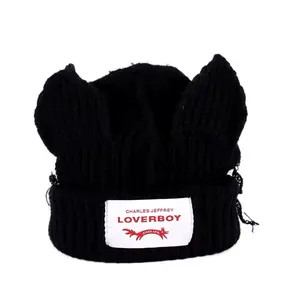 Charles Jeffrey Loverboy Winter Stylish Beanie with Knitted Design Warm Front Patch Headwear Head Accessory