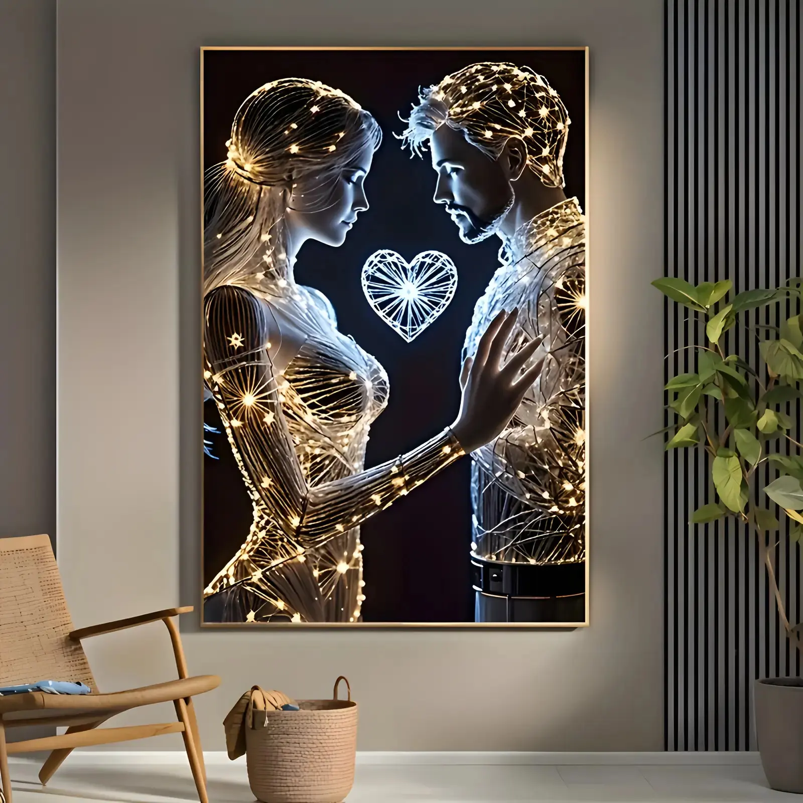 1pc Glow-in-the-Dark Modern Golden Couple Heart Canvas Wall Art Print - Abstract Love Poster with Male-Female Symbols, Waterproof Pine Wood Wrapped Frame, Romantic Wedding Gift for Indoor Minimalist Living Room Decor