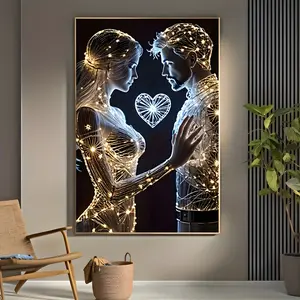 1pc Modern Glowing-like Neon Golden Couple Heart Canvas Wall Art - Abstract Love Poster with Male & Female Symbols, Waterproof Wrapped Frame, Romantic Gift for Wedding, Anniversary, Valentine's Day - Minimalist Decor for Living Room, 2D Flat, Perfect for
