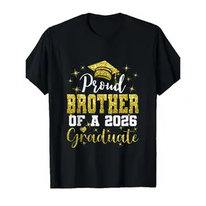 2026 Graduate Brother T-Shirt - Proud Brother of a 2026 Graduate Golden Glitter Print with Graduation & Stars - Casual Short Sleeve Round Neck Shirt for Celebration Gift (Black) - Class of 2026 G Patterned Comfortable Round Neck Short-Sleeved T-Shir