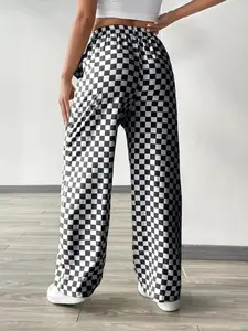 Women All Over Checkerboard Print Drawstring Waist Straight Leg Pants 2026 Casual Comfy High Waist Trousers Daily Ladies Everyday Bottoms All Seasons Womenswear