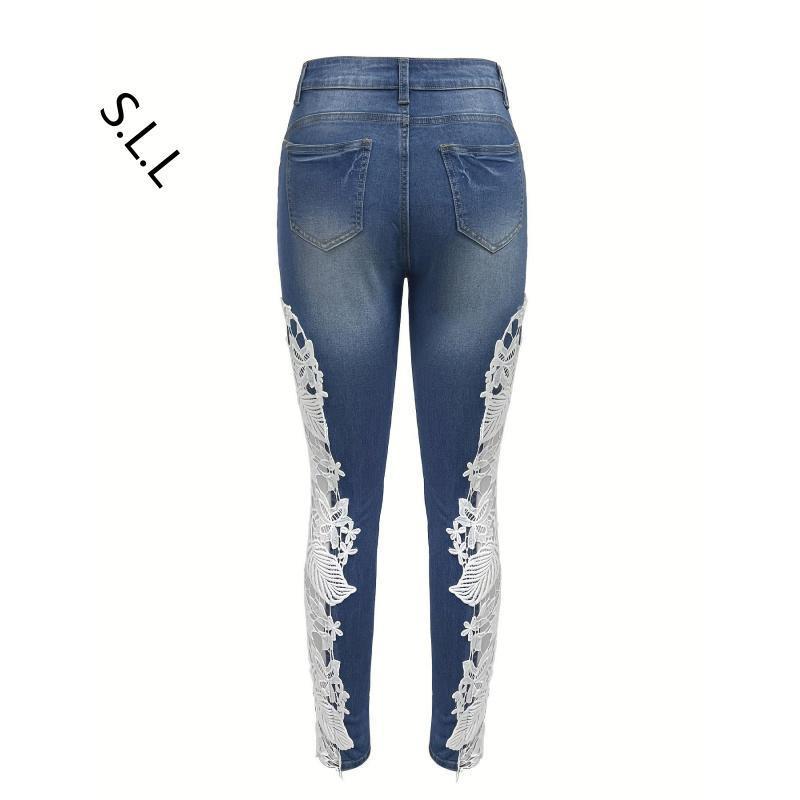 [Skinny Fit Jeans] Elegant Women's Skinny Fit Jeans |     Hollow Out Lace Contrast, Machine Washable All-Season Casual Wear, Fashion-forward Attire