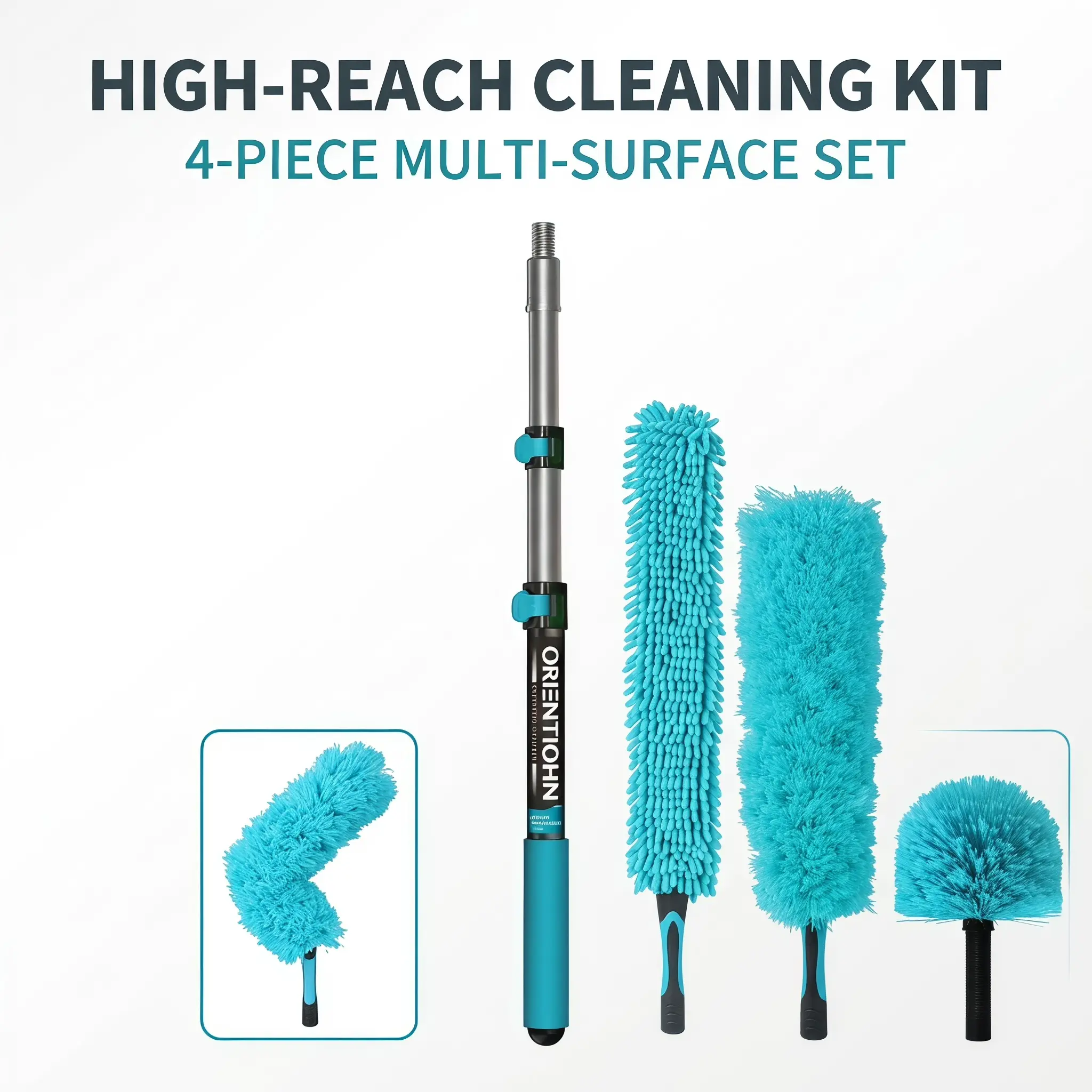 Telescopic High-Reach Cleaning Kit 4-Piece, Extendable Long Handle Cleaning Tools Set, Multi-Surface Duster & Cleaner Attachment for Home