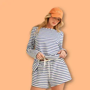 Trendy 2 Piece Sets Women, Drawstring Contrast Striped Shorts & Top, Summer Outfits for Women, Casual Lounge Set, Trendy Summer Matching Sets, Comfortable Lightweight Summer Clothing, Vacation Wear, Women’s Two Piece Outfits