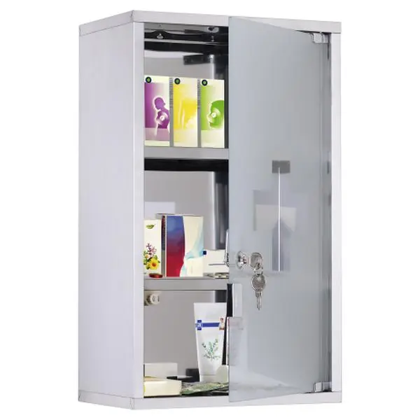 Locking Wall Mounted Cabinet with 3 Glass Shelves | Secure Storage with 2 Keys, Stainless Steel Frame & Glass Door | Silver Display Case for Bathroom, Kitchen, Garage