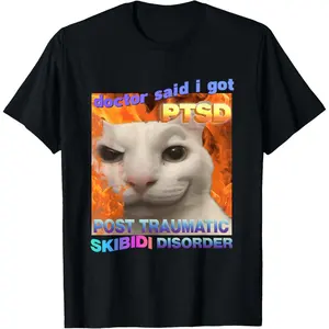 Cotton Graphic Tees Streetwear Gifts  Doctor Said I Got PTSD Skibidi Disorder Meme Cat Weird Funny T-Shirt
