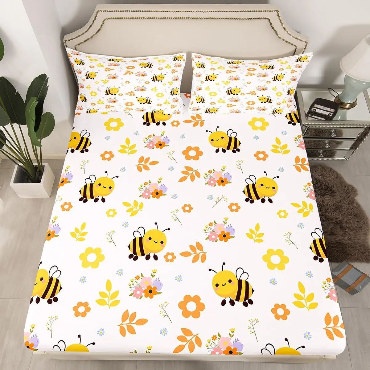 Cute Bee Bed Sheet Set Honeybee Bedding Set Kawaii Bugs and Flowers Fitted Sheet Cartoon Wild Animal Farmhouse Bedding Sheets Bedroom Decor Bedding Collection