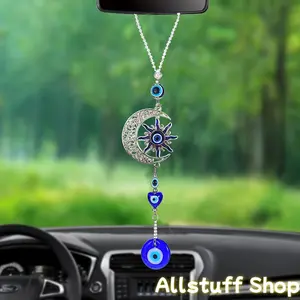 DinaautoMysticalsunad Moon Blue Evil Eye Amulet – Crystal Beaded Car Hanging Ornament with Crescent Moon, Starburst Design, and Heart-Shaped GlassBeadforHomeOffice,or Vehicle Decor, Home Decor CharmElegant Hanging Ornamen Blue GlassBead, Celestial Jewelry