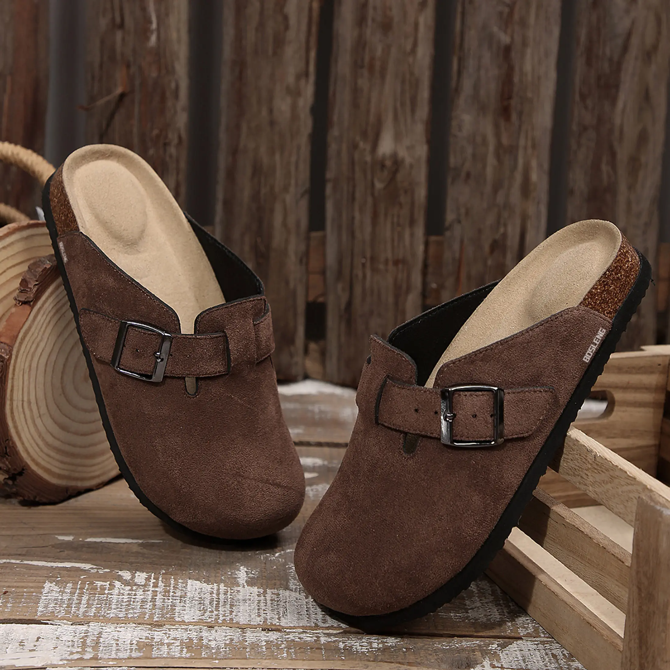 Womens Clogs Slip-on Potato Shoes Leather Mules with Suede Cork Footbed