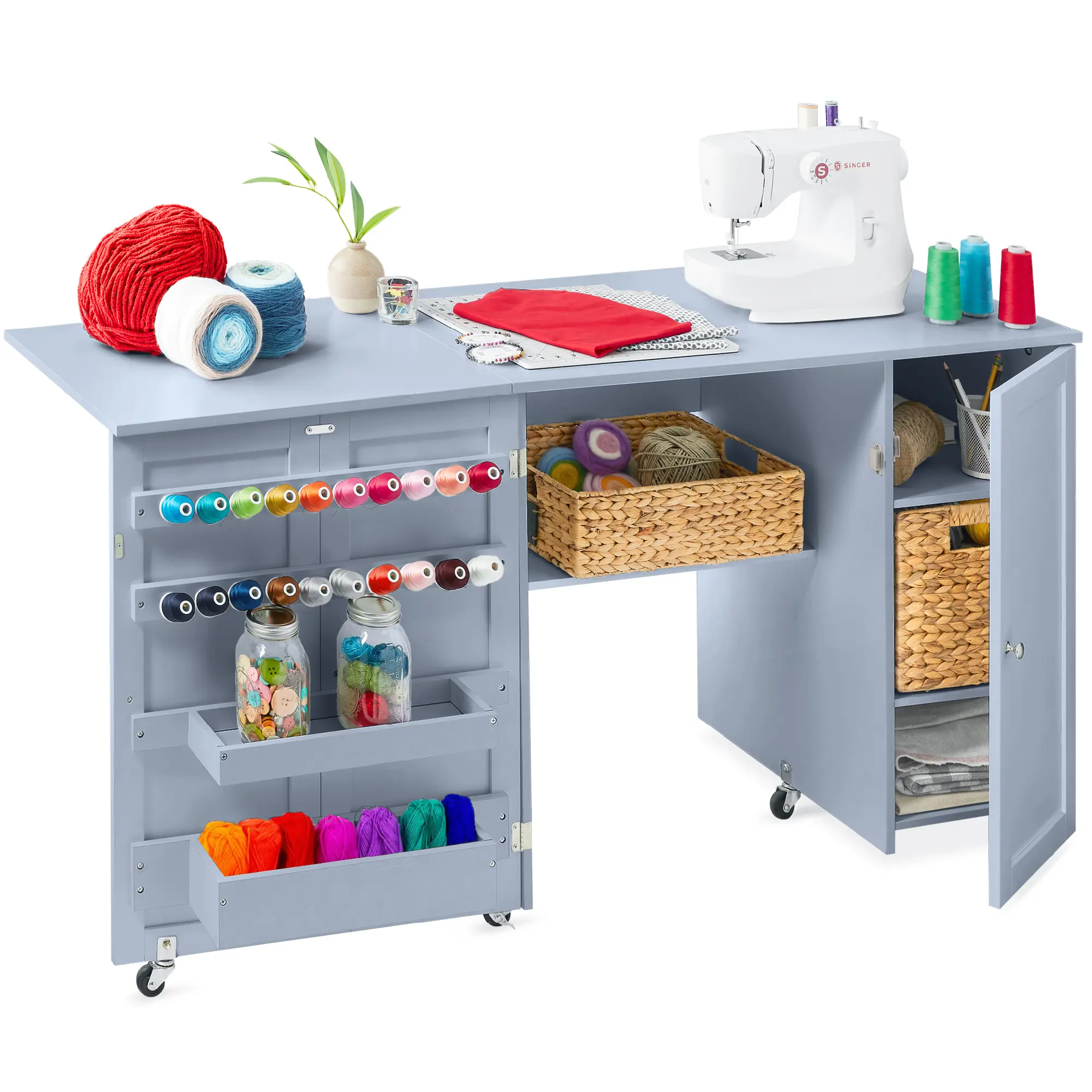 Best Choice Products Large Portable Multipurpose Folding Sewing Table w/ Magnetic Doors, Craft Storage