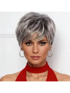 Women's short gray-silver wig, natural layered pixie cut with bangs, synthetic short gray wig, ready to wear and go.
