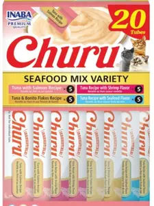 INABA Churu Cat Treats – Grain-Free, Lickable Purée Cat Treats with Vitamin E & Taurine, 20 Tubes (Seafood Variety Box, 0.5 oz Each)