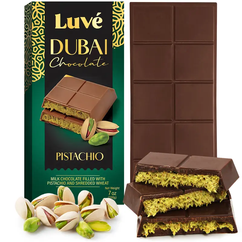 Luvé Dubai Milk Chocolate Bar 7oz Pack of Kunafa Pistachio Chocolate Bar Premium Flavor Crafted for Chocolate Lovers Dessert Snack Ideal for Birthdays or Corporate Gifting