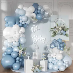 Dusty Blue Balloon Arch Kit 126 Pcs Light Blue & White Balloons for Wedding Birthday Baby Shower Gender Reveal Bridal Decorations with Macaron Balloons & Flowers