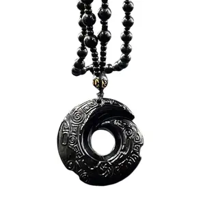 Fashionable Obsidian Pendant Necklace with Beaded Chain Choker for Gatherings