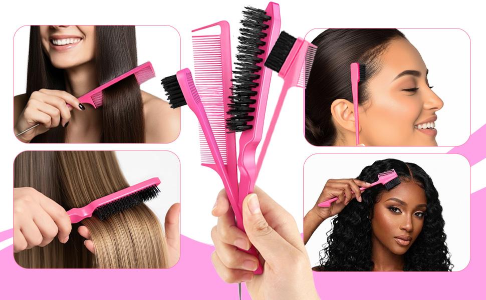 【Spring Glow-Up】Pink Hair Brush Set 17 Counts Detangler Wide Tooth Comb Satin Bonnet Nylon Bristle Brush Edge Tool Kit for Curly Hair Styling Detangling Hairbrush